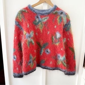 Icelandic Red Vintage Floral Mohair Sweater - image 1